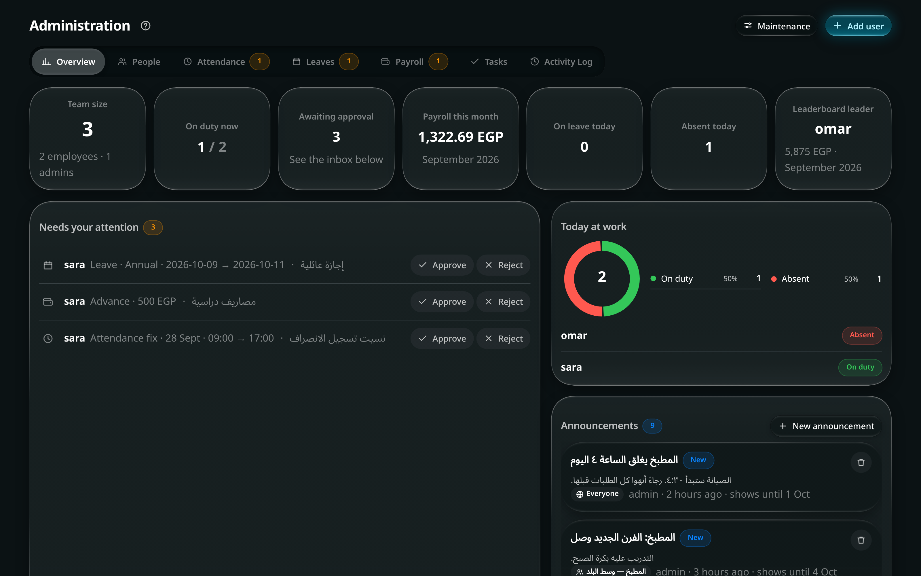 The administration screen: people, attendance, leave requests, payroll and the activity log in one place.