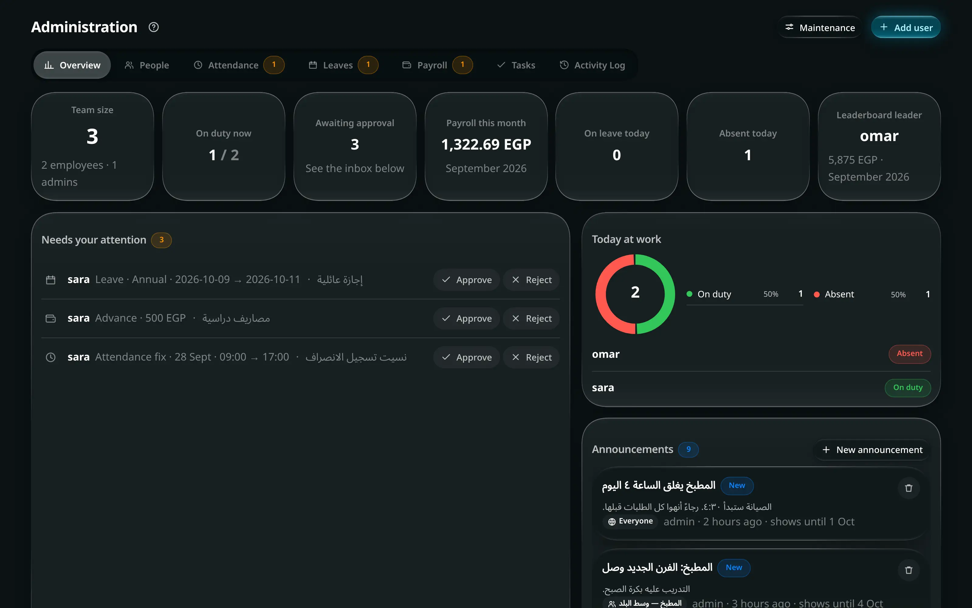 The administration screen: people, attendance, leave requests, payroll and the activity log in one place.
