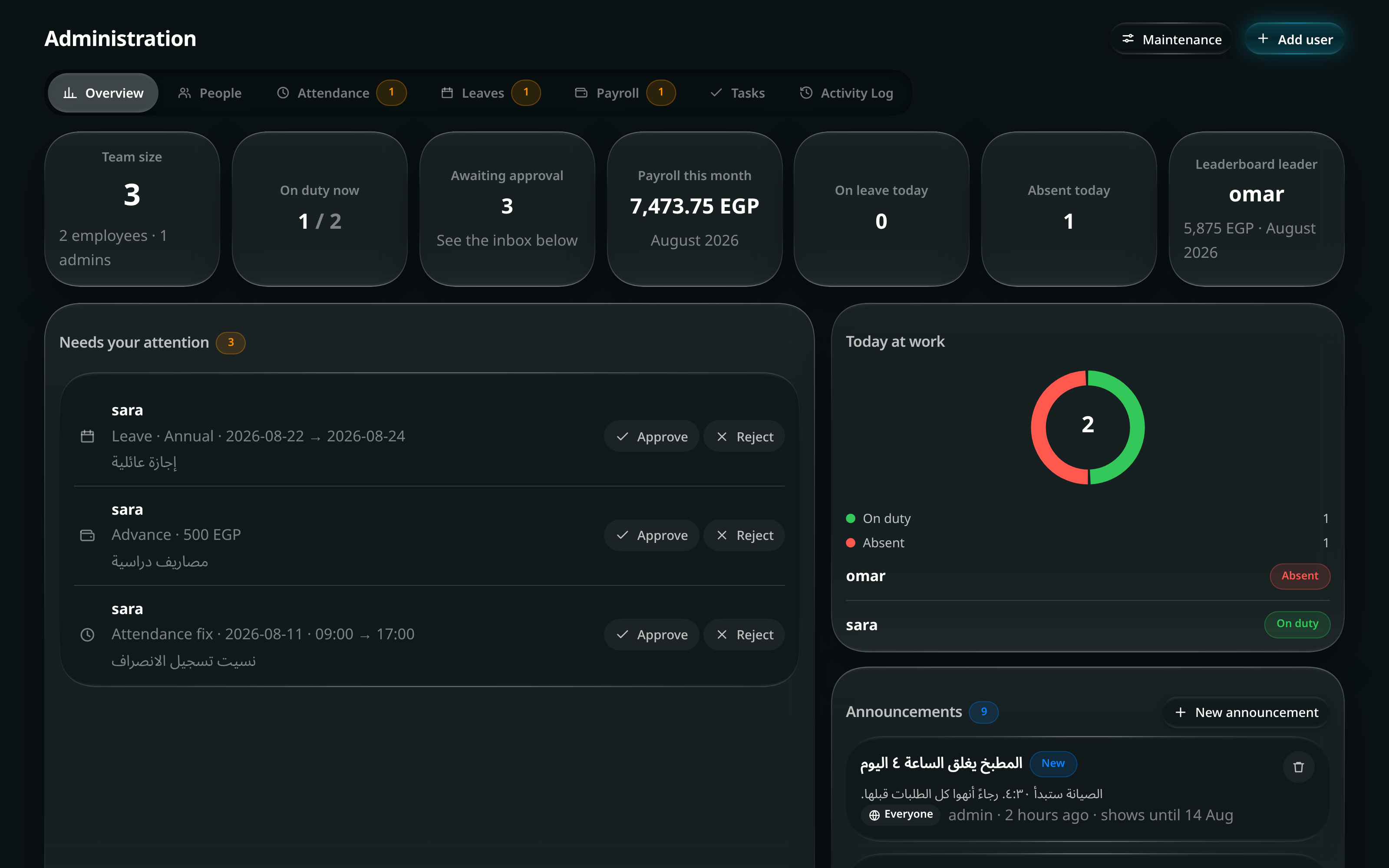 The administration screen: people, attendance, leave requests, payroll and the activity log in one place.