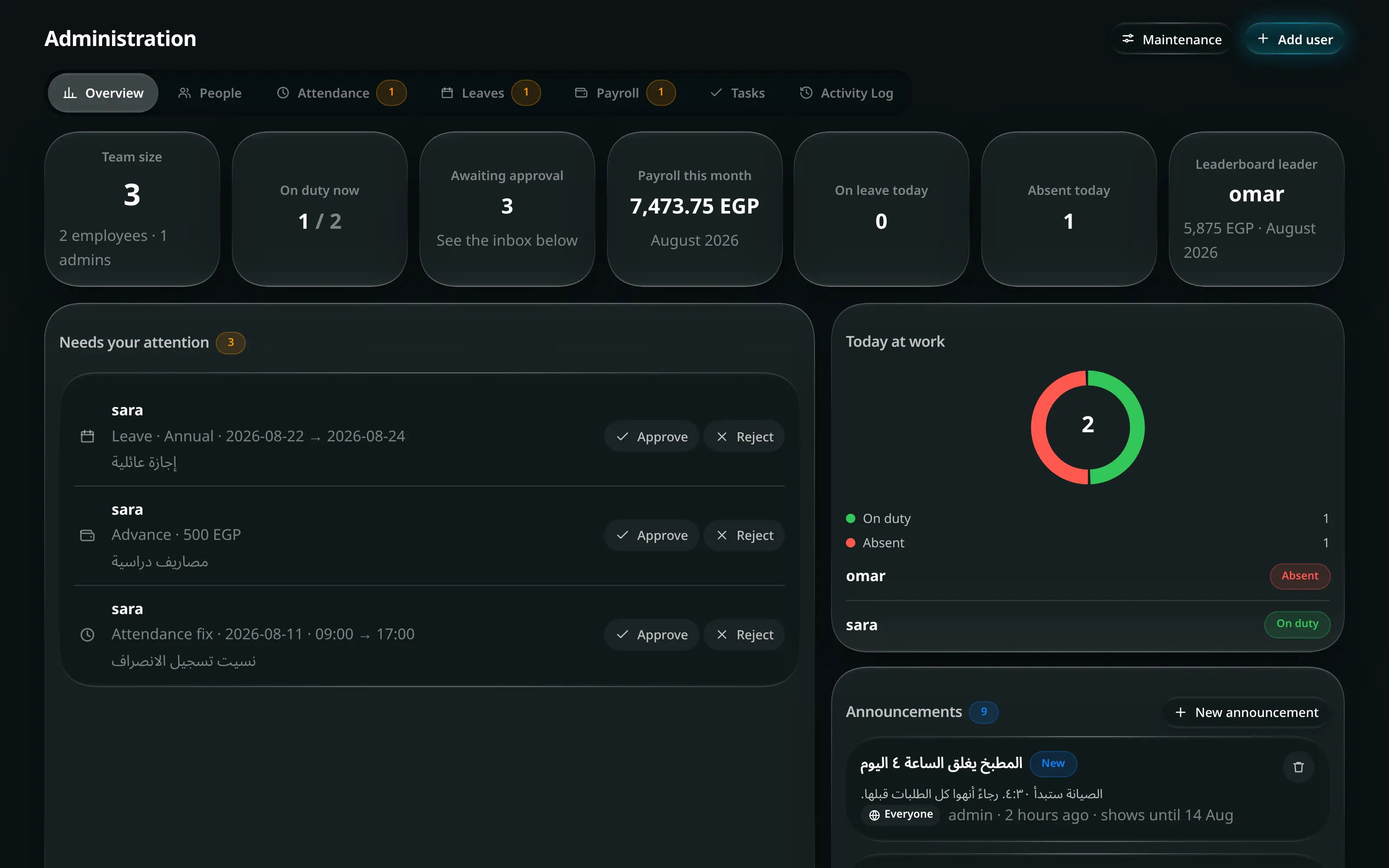 The administration screen: people, attendance, leave requests, payroll and the activity log in one place.