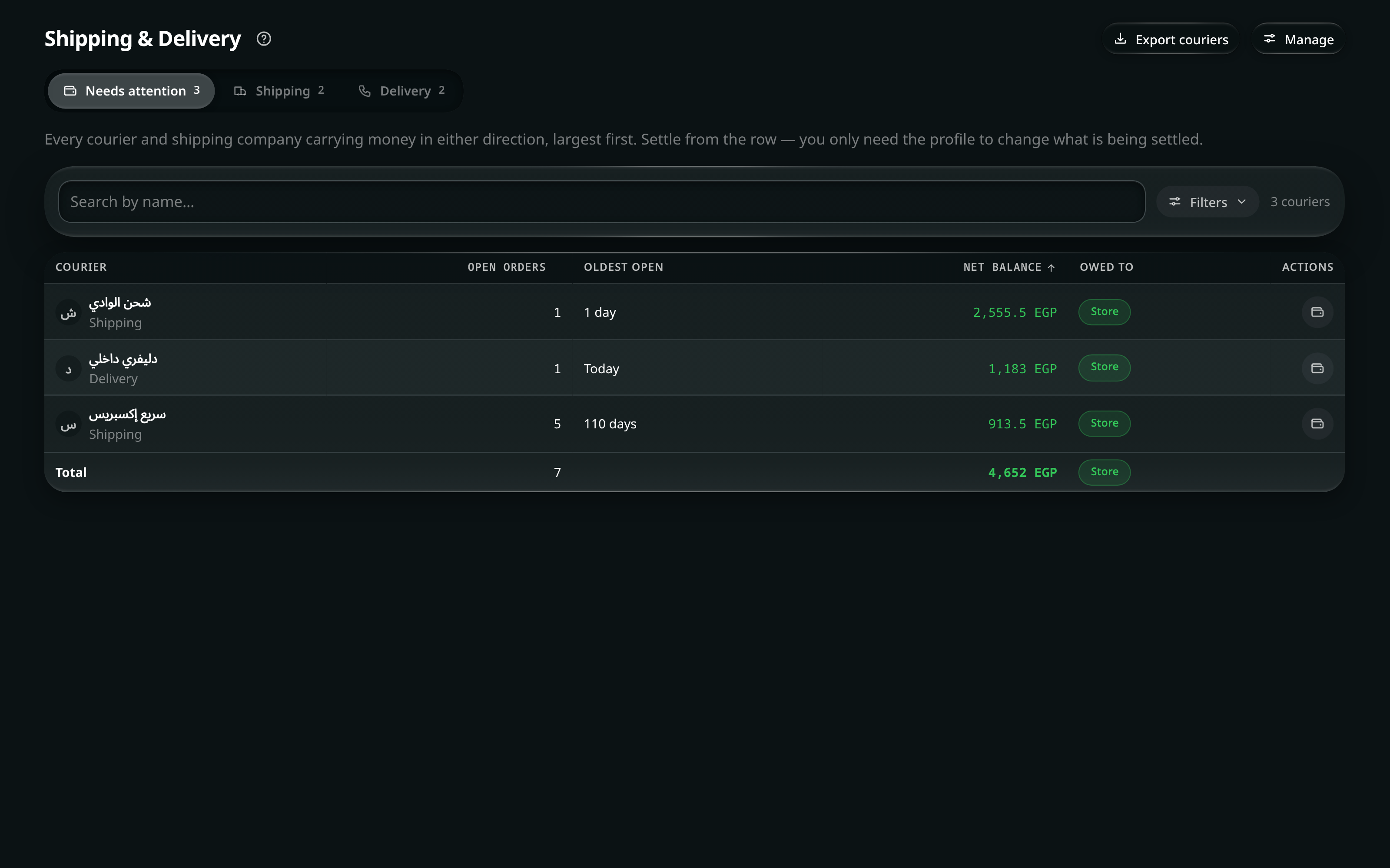 Shipping and delivery: orders needing attention, courier balances, and settlement of a delivery run in one screen.
