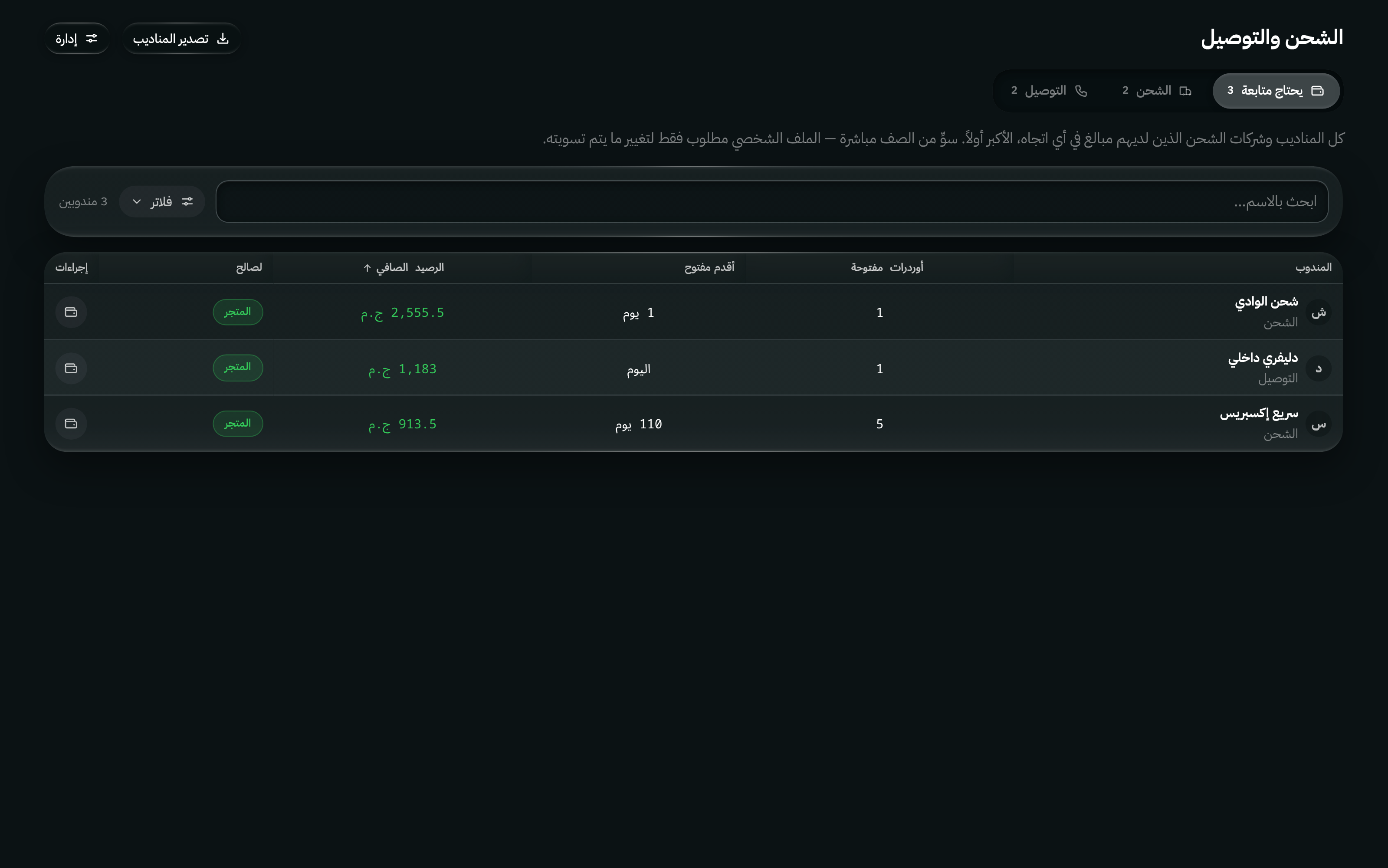 الشحن والتوصيل: الأوردرات المحتاجة متابعة، وأرصدة المناديب، وتسوية رحلة التوصيل في شاشة واحدة.