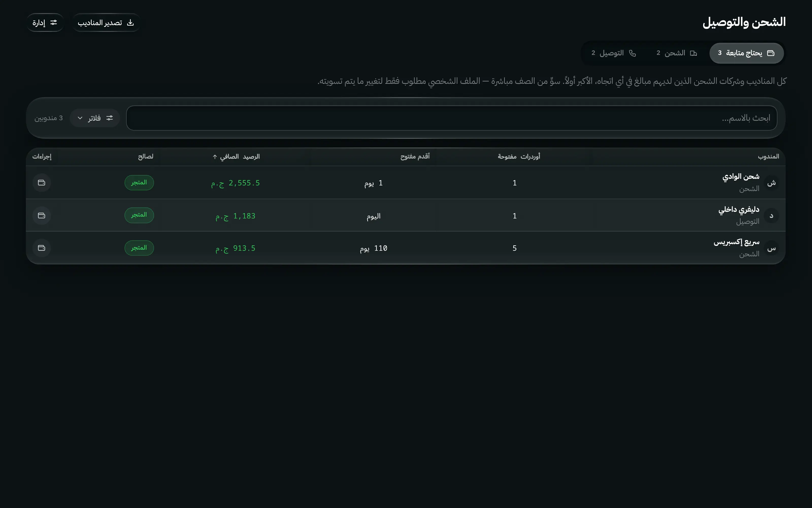 الشحن والتوصيل: الأوردرات المحتاجة متابعة، وأرصدة المناديب، وتسوية رحلة التوصيل في شاشة واحدة.