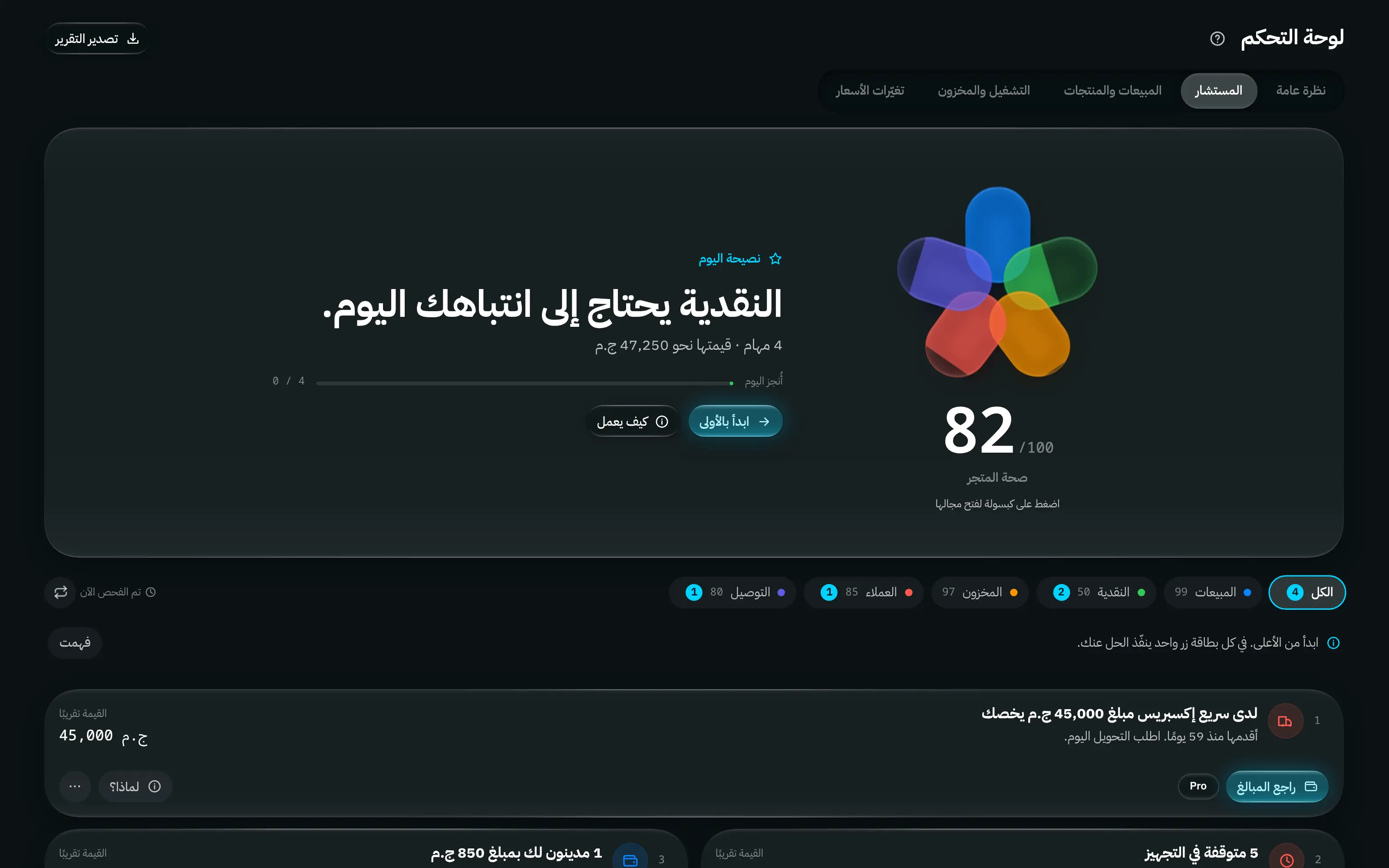 المستشار في لوحة التحكم: درجة صحة المتجر مرسومة كحلقة مقسّمة إلى خمسة مجالات، وزر ابدأ بالأولى، وما أُنجز اليوم، وشريحة لكل مجال بدرجته، وأول بطاقة نصيحة مع زر لماذا؟ وزر الحل وقائمة خيارات أخرى.