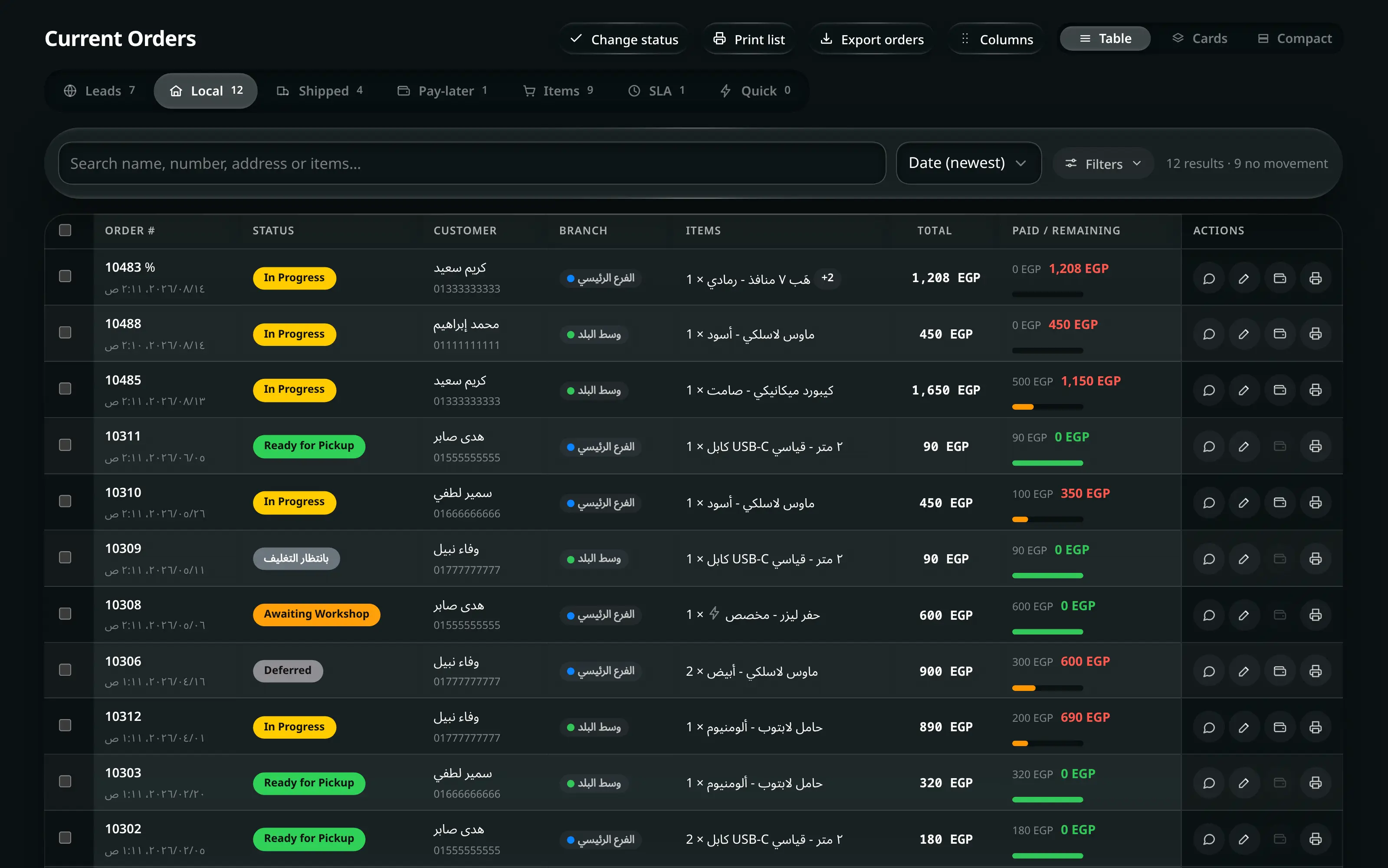 Current Orders on an employee’s account: the same tabs, filters and status badges, with no shipping-cost, shipping-profit or gross-profit columns and no delete action.