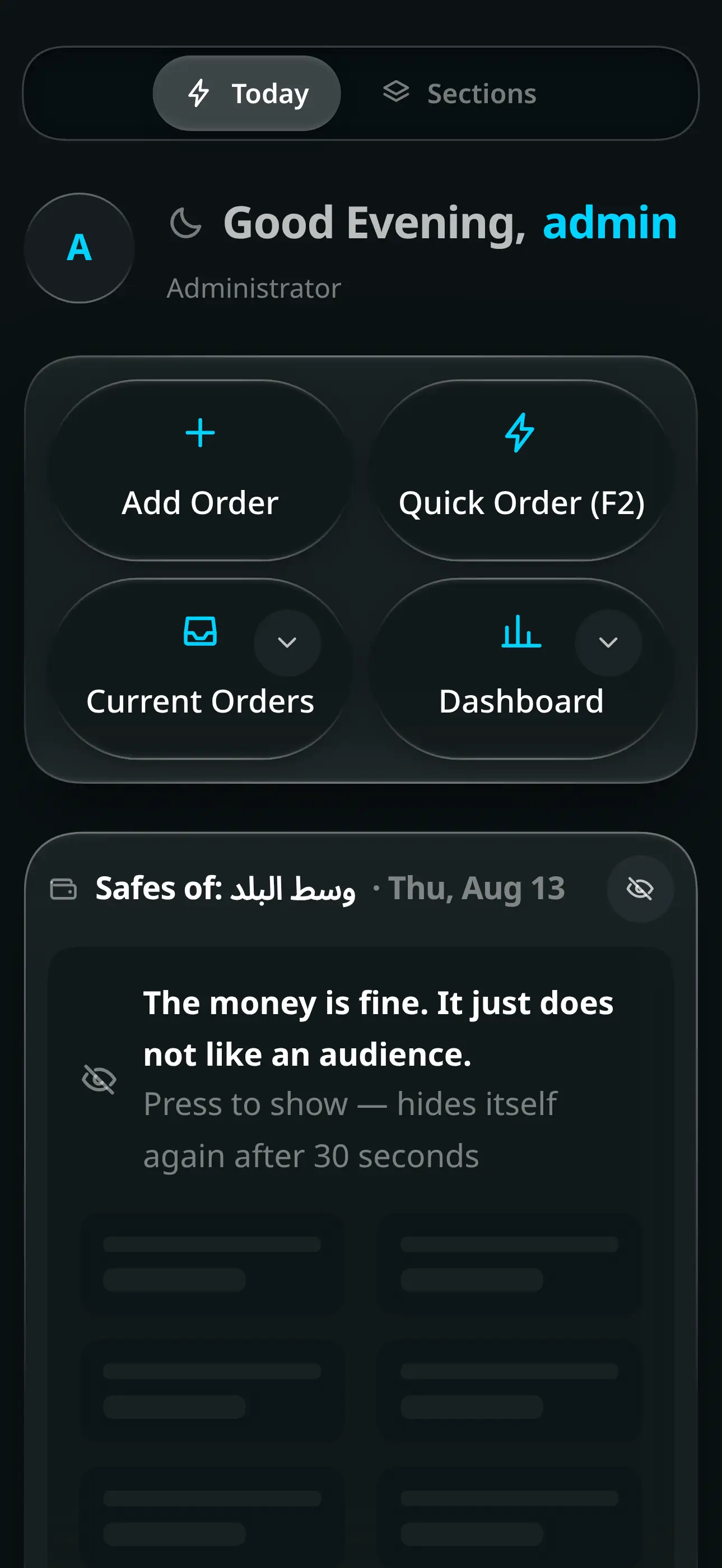 The Joey Cash home screen: a tile grid of every workspace beside a command centre with today’s cash drawer, alerts and pending approvals.