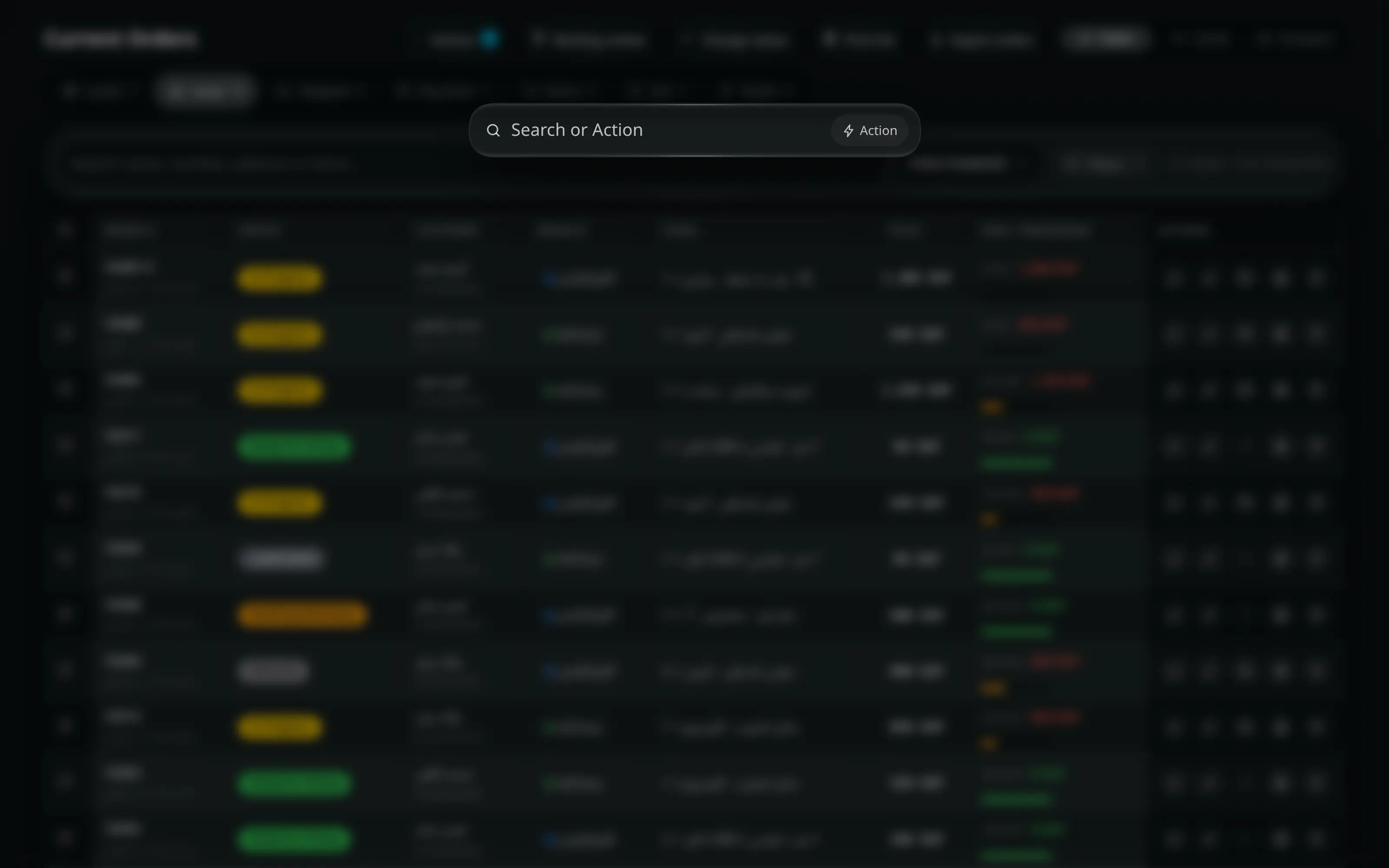 The global search overlay open over the orders screen, listing sections, orders, customers and products that match, with keyboard hints along the bottom.
